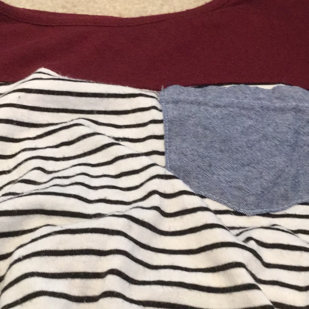 Burgundy stripe top with denim pocket